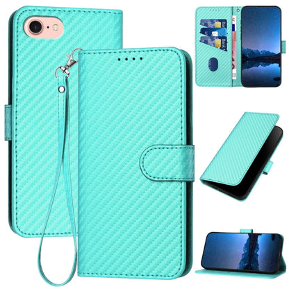 YX0070 Carbon Fiber Buckle Leather Phone Case with Lanyard, For iPhone 14 Pro, For iPhone 14 Pro Max, For iPhone SE 2022 / SE 2020 / 8 / 7