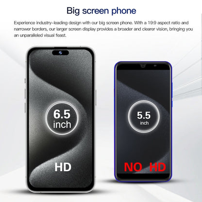 i15 Pro Max / Q5, 6.5 inch Screen, Face Identification, Android 8.1 MTK6580P Quad Core, Network: 3G, Dual SIM, 2GB+16GB