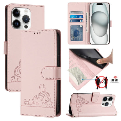 Cat Rat Embossed Pattern RFID Leather Phone Case with Lanyard, For iPhone SE 2024, For iPhone 15 Pro Max, For iPhone 15 Pro, For iPhone 15 Plus