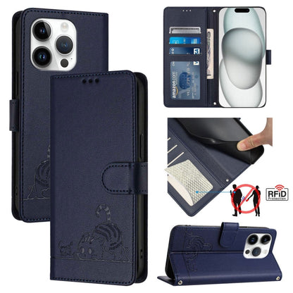 Cat Rat Embossed Pattern RFID Leather Phone Case with Lanyard, For iPhone SE 2024, For iPhone 15 Pro Max, For iPhone 15 Pro, For iPhone 15 Plus