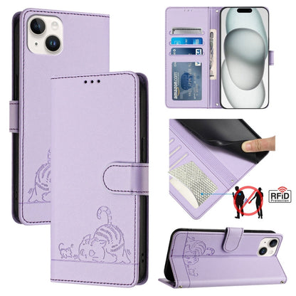 Cat Rat Embossed Pattern RFID Leather Phone Case with Lanyard, For iPhone 15, For iPhone 14 Plus, For iPhone 14/13, For iPhone 14 Pro