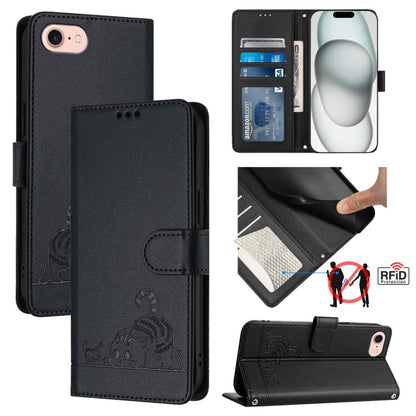 Cat Rat Embossed Pattern RFID Leather Phone Case with Lanyard, For iPhone 14 Pro Max, For iPhone SE 2022/SE 2020/6/7/8, For iPhone 13 Pro Max, For iPhone 13 Pro