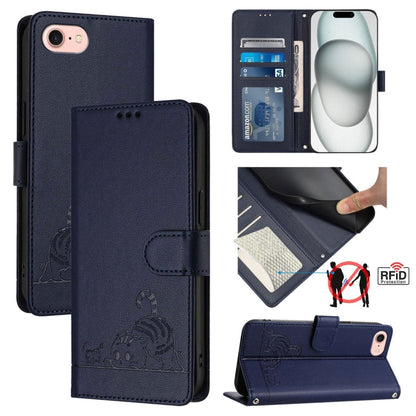 Cat Rat Embossed Pattern RFID Leather Phone Case with Lanyard, For iPhone 14 Pro Max, For iPhone SE 2022/SE 2020/6/7/8, For iPhone 13 Pro Max, For iPhone 13 Pro