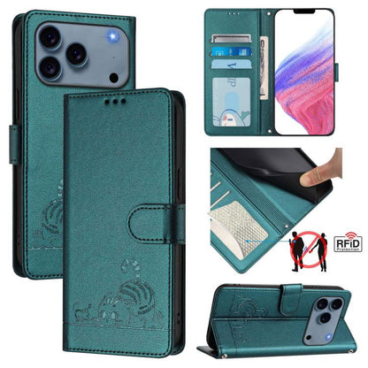 Cat Rat Embossed Pattern RFID Leather Phone Case with Lanyard, For iPhone 17 Pro Max, For iPhone 17 Pro, For iPhone 17, For iPhone Air