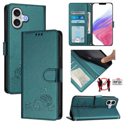 Cat Rat Embossed Pattern RFID Leather Phone Case with Lanyard, For iPhone 17 Pro Max, For iPhone 17 Pro, For iPhone 17, For iPhone Air