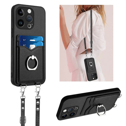 R20 Crossbody Rope Ring Card Holder Phone Case, For iPhone 15 Pro Max, For iPhone 15 Pro, For iPhone 15 Plus, For iPhone 15