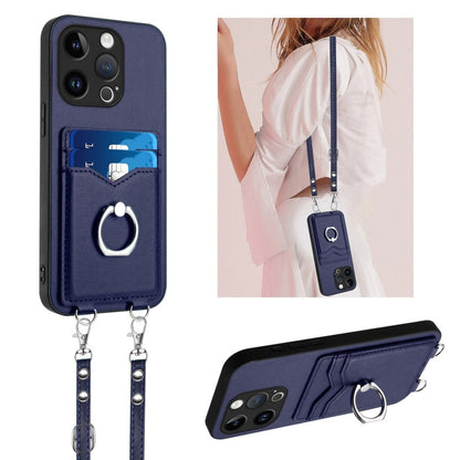 R20 Crossbody Rope Ring Card Holder Phone Case, For iPhone 15 Pro Max, For iPhone 15 Pro, For iPhone 15 Plus, For iPhone 15