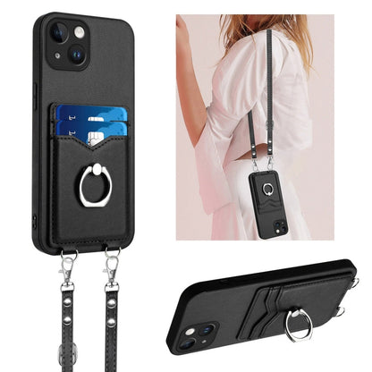 R20 Crossbody Rope Ring Card Holder Phone Case, For iPhone 14 Plus, For iPhone 14, For iPhone 14 Pro, For iPhone 14 Pro Max