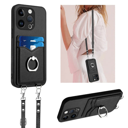 R20 Crossbody Rope Ring Card Holder Phone Case, For iPhone 14 Plus, For iPhone 14, For iPhone 14 Pro, For iPhone 14 Pro Max