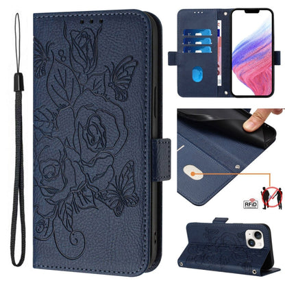 Embossed Rose RFID Anti-theft Leather Phone Case, For iPhone 15, For iPhone 14 Plus, For iPhone 14 / 13, For iPhone 14 Pro