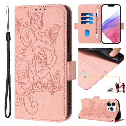 Embossed Rose RFID Anti-theft Leather Phone Case, For iPhone 15, For iPhone 14 Plus, For iPhone 14 / 13, For iPhone 14 Pro