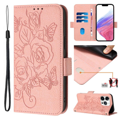 Embossed Rose RFID Anti-theft Leather Phone Case, For iPhone 16, For iPhone 15 Pro Max, For iPhone 15 Pro, For iPhone 15 Plus