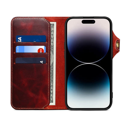 Denior B01 Oil Wax Cowhide Magnetic Button Genuine Leather Case, For iPhone 16