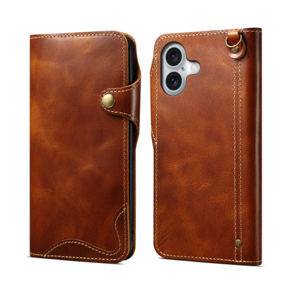 Denior B01 Oil Wax Cowhide Magnetic Button Genuine Leather Case, For iPhone 16