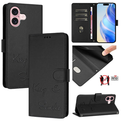 Smile Embossing RFID Leather Phone Case, For iPhone 16, For iPhone 15 Pro Max, For iPhone 15 Pro, For iPhone 15 Plus