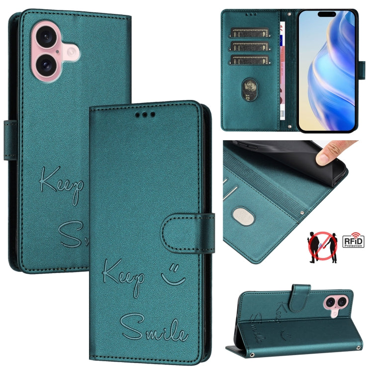 Smile Embossing RFID Leather Phone Case, For iPhone 16, For iPhone 15 Pro Max, For iPhone 15 Pro, For iPhone 15 Plus