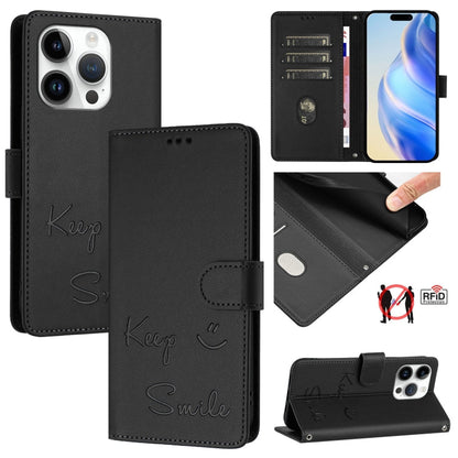 Smile Embossing RFID Leather Phone Case, For iPhone 16, For iPhone 15 Pro Max, For iPhone 15 Pro, For iPhone 15 Plus