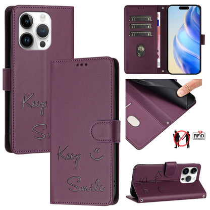 Smile Embossing RFID Leather Phone Case, For iPhone 16, For iPhone 15 Pro Max, For iPhone 15 Pro, For iPhone 15 Plus
