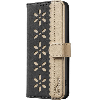 Splicing Color Hollow Flower Pattern RFID Leather Phone Case, For iPhone XS Max, For iPhone 6 Plus / 7 Plus / 8 Plus, For iPhone 6 / 7 / 8