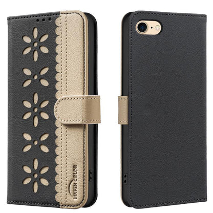 Splicing Color Hollow Flower Pattern RFID Leather Phone Case, For iPhone XS Max, For iPhone 6 Plus / 7 Plus / 8 Plus, For iPhone 6 / 7 / 8