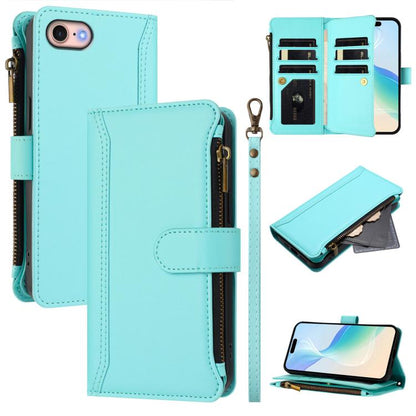 Magnetic Closure 9 Card Slots Zipper Leather Case with Hand Strap, For iPhone 14 Pro Max, For iPhone SE 2022 / 2020 / 8 / 7, For iPhone 13 Pro Max, For iPhone 13 Pro
