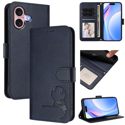 Litter Panda Embossing RFID Leather Phone Case with Lanyard, For iPhone 16, For iPhone 15 Pro Max, For iPhone 15 Pro, For iPhone 15 Plus