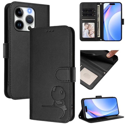 Litter Panda Embossing RFID Leather Phone Case with Lanyard, For iPhone 16, For iPhone 15 Pro Max, For iPhone 15 Pro, For iPhone 15 Plus