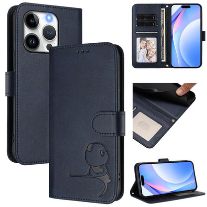 Litter Panda Embossing RFID Leather Phone Case with Lanyard, For iPhone 15, For iPhone 14 Plus, For iPhone 14 / 13, For iPhone 14 Pro