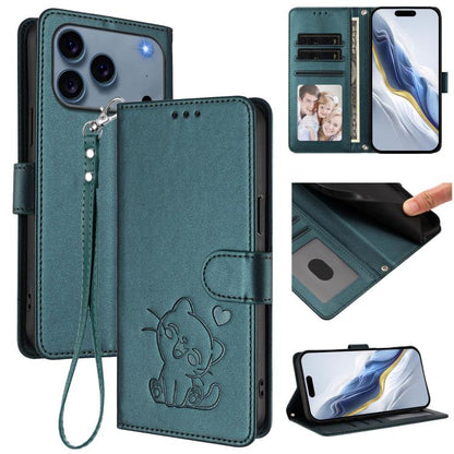 Embossed Heart Cat Leather Phone Case with Hand Strap, For iPhone 17 Pro, For iPhone 17