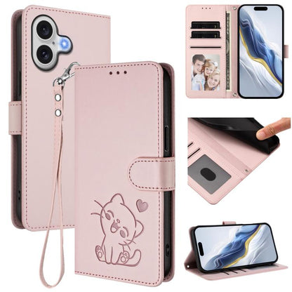 Embossed Heart Cat Leather Phone Case with Hand Strap, For iPhone 17 Pro, For iPhone 17
