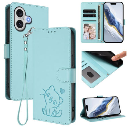 Embossed Heart Cat Leather Phone Case with Hand Strap, For iPhone 17 Pro, For iPhone 17