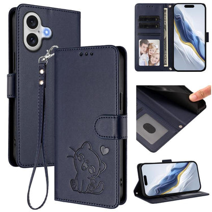 Embossed Heart Cat Leather Phone Case with Hand Strap, For iPhone 17 Pro, For iPhone 17