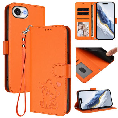 Embossed Heart Cat Leather Phone Case with Hand Strap, For iPhone 17e / 16e, For iPhone 17 Pro Max