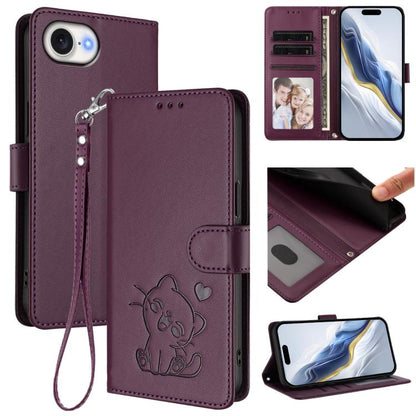 Embossed Heart Cat Leather Phone Case with Hand Strap, For iPhone 17e / 16e, For iPhone 17 Pro Max