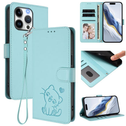 Embossed Heart Cat Leather Phone Case with Hand Strap, For iPhone Air, For iPhone 16 Pro Max