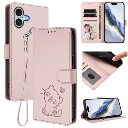 Embossed Heart Cat Leather Phone Case with Hand Strap, For iPhone 16, For iPhone 15 Pro Max
