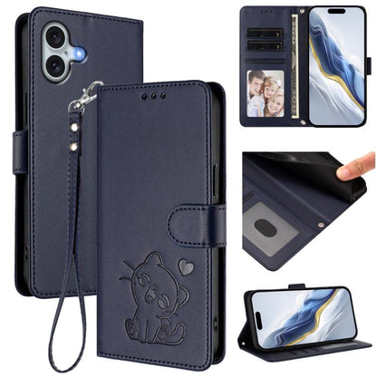Embossed Heart Cat Leather Phone Case with Hand Strap, For iPhone 16, For iPhone 15 Pro Max