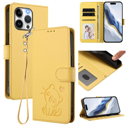 Embossed Heart Cat Leather Phone Case with Hand Strap, For iPhone 15 Pro, For iPhone 15 Plus