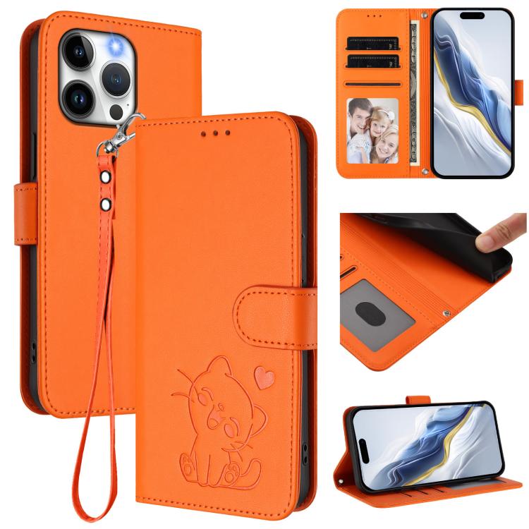 Embossed Heart Cat Leather Phone Case with Hand Strap, For iPhone 15 Pro, For iPhone 15 Plus