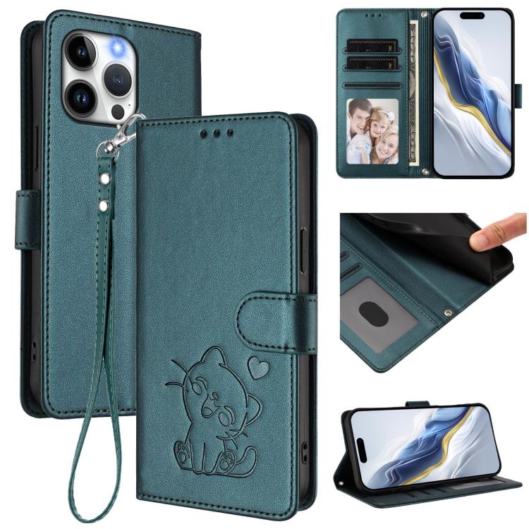 Embossed Heart Cat Leather Phone Case with Hand Strap, For iPhone 15 Pro, For iPhone 15 Plus