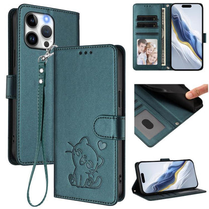 Embossed Heart Cat Leather Phone Case with Hand Strap, For iPhone 15 Pro, For iPhone 15 Plus