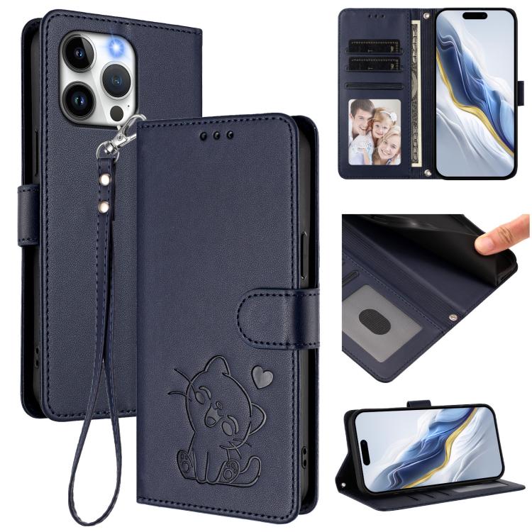 Embossed Heart Cat Leather Phone Case with Hand Strap, For iPhone 15 Pro, For iPhone 15 Plus