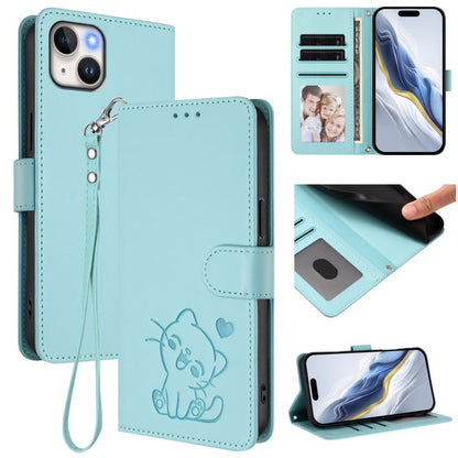 Embossed Heart Cat Leather Phone Case with Hand Strap, For iPhone 15 Pro, For iPhone 15 Plus