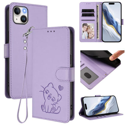 Embossed Heart Cat Leather Phone Case with Hand Strap, For iPhone 15 Pro, For iPhone 15 Plus