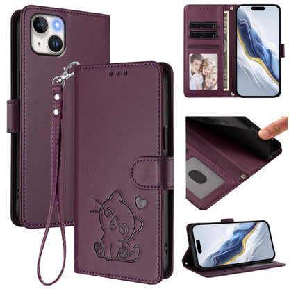 Embossed Heart Cat Leather Phone Case with Hand Strap, For iPhone 15 Pro, For iPhone 15 Plus