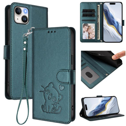 Embossed Heart Cat Leather Phone Case with Hand Strap, For iPhone 15 Pro, For iPhone 15 Plus