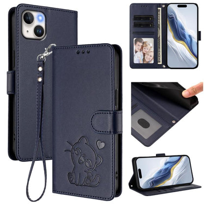 Embossed Heart Cat Leather Phone Case with Hand Strap, For iPhone 15 Pro, For iPhone 15 Plus