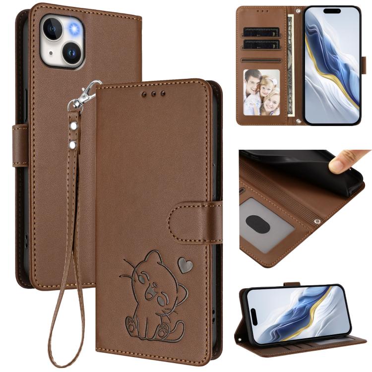 Embossed Heart Cat Leather Phone Case with Hand Strap, For iPhone 15 Pro, For iPhone 15 Plus