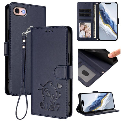 Embossed Heart Cat Leather Phone Case with Hand Strap, For iPhone 14 Pro Max, For iPhone 7 / 8 / SE 2022