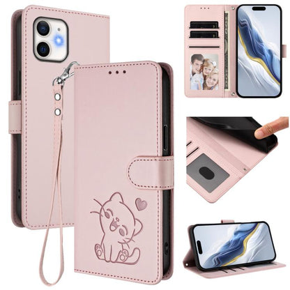 Embossed Heart Cat Leather Phone Case with Hand Strap, For iPhone 11 Pro Max, For iPhone 11